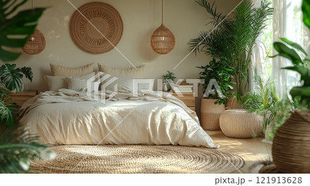 serene bedroom features natural wood bed frame adorned soft organic linen bedding. Lush greenery adds calming touch space illuminated warm sunlight. 121913628