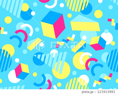 Geometric seamless pattern with memphis elements in 80s style. Colorful geometric 3D figures in isometric style. Design of promotional products, wrapping paper and printing. Vector illustration 121913991