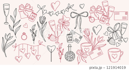 Hand drawn vector Valentines Day elements in outline style. hearts, flowers, gift boxes, ribbon, calendar, cups, strawberries, champagne and letters in black and red colors. Perfect for cards Hand drawn vector Valentines Day elements in outline style. hearts, flowers, gift boxes, ribbon, calendar, cups, strawberries, champagne and letters in black and red colors. Perfect for cards 121914019