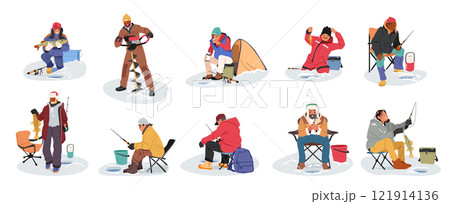 People winter fishers cartoon characters wearing warm clothing enjoying seasonal hobby activity set 121914136