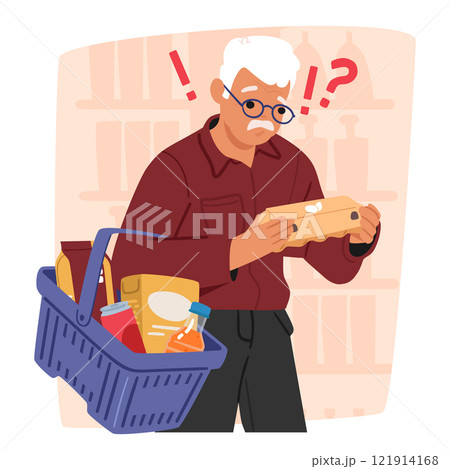 Old senior man buyer cartoon character choosing fresh eggs while doing shopping in supermarket 121914168