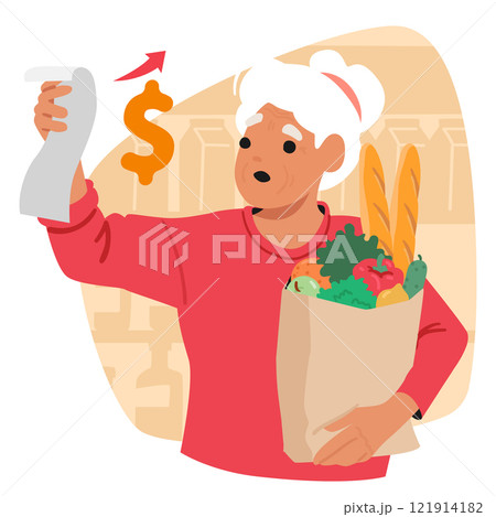 Shocked upset elderly woman cartoon character disappointed with expensive purchases in supermarket 121914182