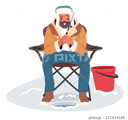 Experienced bearded man fisher cartoon character feeling excited enjoying fish catching process 121914186