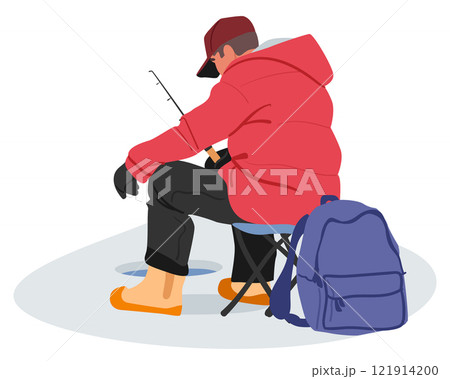 View from back of fisherman cartoon character sitting on chair with rod fishing in ice lake hole 121914200