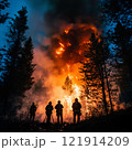 Fire brigade extinguishes a forest fire in the night forest 121914209