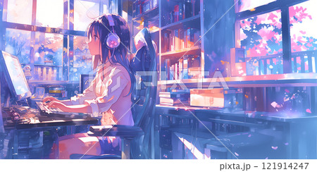 パソコン操作が得意なOL。水彩画。イラスト。挿絵。 パソコン操作が得意なOL。水彩画。イラスト。挿絵。 121914247