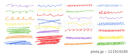 Vector colorful illustrations of markers, brushes and stylized pencil sketches. Colorful chalk strokes, pencil swirls and doodles. Hand drawn lines, stroke dividers in various patterns. 121914280