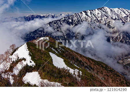 残雪の北アルプス・爺ヶ岳南尾根を行く登山者と蓮華岳・槍・穂高連峰の眺め 残雪の北アルプス・爺ヶ岳南尾根を行く登山者と蓮華岳・槍・穂高連峰の眺め 121914290