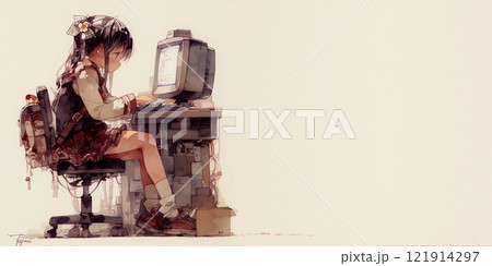 パソコン操作が得意な少女。女性。水彩画。イラスト。挿絵。 121914297