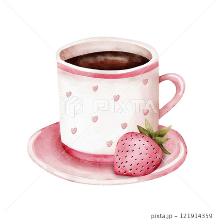 cup of coffee in pink mug with hearts pattern and fresh strawberries on saucer, watercolor illustration 121914359