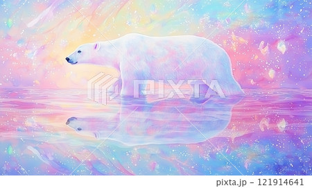 Illustration dreamlike polar bear walking on reflective ice in a pastel fantasy landscape. International polar bear day. World Wildlife Day 121914641