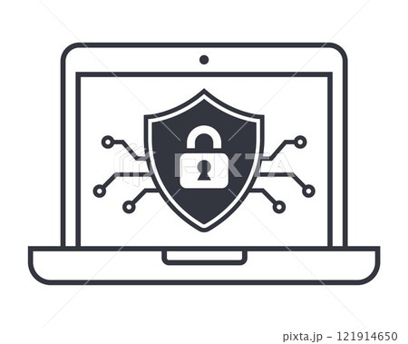 Black cybersecurity icon on laptop. 121914650