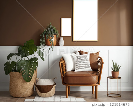 Nordic interior with single sofa and mock up frame on the wall. Generative AI 121914673