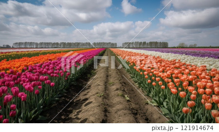 Colorful open field with beautiful tulips. Generative AI 121914674