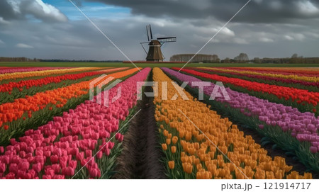 Colorful open field with beautiful tulips. Generative AI 121914717