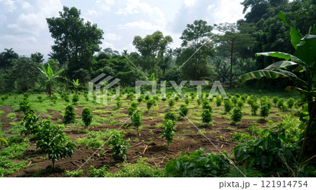 Rows of young coffee trees flourish in a dense, green plantation surrounded by vibrant tropical plants on a sunny day 121914754