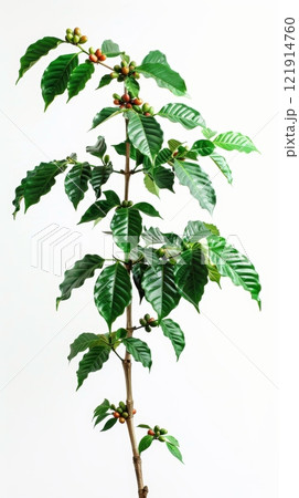 A coffee tree showcases lush green leaves and small cherries, highlighting its growth against a clean, white backdrop that enhances details A coffee tree showcases lush green leaves and small cherries, highlighting its growth against a clean, white backdrop that enhances details 121914760