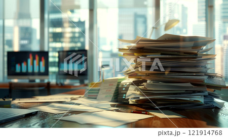 Stacks of disorganized papers and folders fill a desk in a bustling office, showcasing a chaotic work environment during daylight hours 121914768