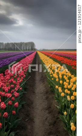 Colorful open field with beautiful tulips. Generative AI 121914817