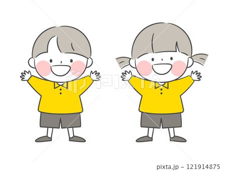 Illustration of kids characters who raise their hands to greet each other 121914875