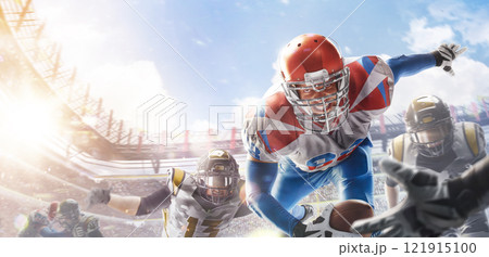 One against all. American football player in action. Opponents try to bring him down. Quarterback attack. Sports wrestling One against all. American football player in action. Opponents try to bring him down. Quarterback attack. Sports wrestling 121915100
