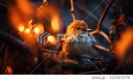 Small bird perched on a branch with a beautiful blurry orange background 121915178