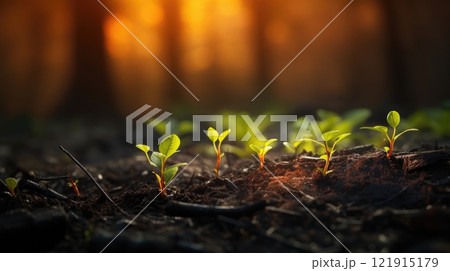 Vibrant Green Sprouts Breaking Through Dark Soil in a Bright, Sunlit Forest Atmosphere 121915179