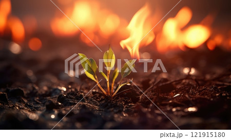 Small Green Plant Growing Amidst Burnt Trees After Wildfire Disaster 121915180