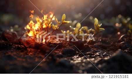 A Resilient Green Sapling Thrives Amidst Charred Trees After a Devastating Forest Fire Disaster 121915181