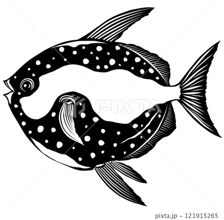 可愛い顔の赤マンボウ月魚のシンプル白黒切り絵イラスト 121915265