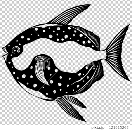 可愛い顔の赤マンボウ月魚のシンプル白黒切り絵イラスト 121915265