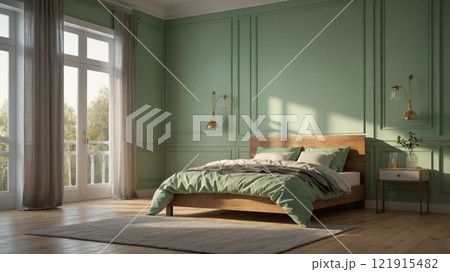 Elegant bedroom interior with green walls and wooden bedframe near window with sheer curtain 121915482