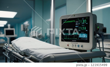 Modern hospital room interior with empty bed and medical equipment Modern hospital room interior with empty bed and medical equipment 121915499