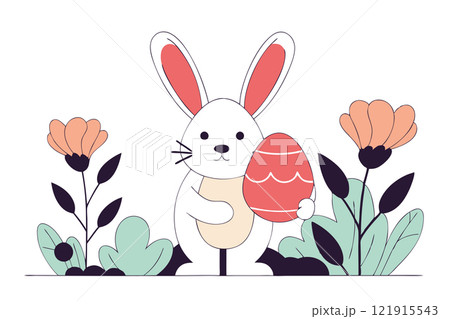 Easter Bunny holding big egg. Happy Easter holiday. Vector flat illustration 121915543