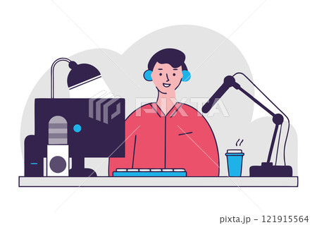 Smiling man in headphones talk on radio on microphone. Live broadcast concept. Flat vector illustration. 121915564