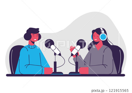 Two people in a radio broadcasting studio, showcasing the concept of news broadcasting. Vector flat illustration 121915565