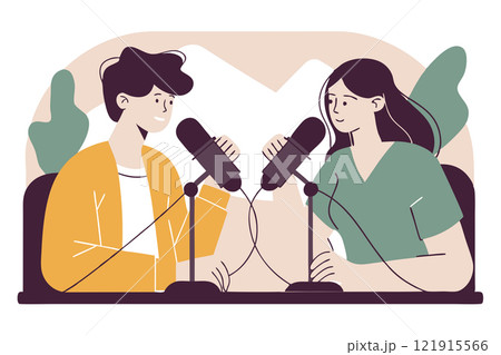 Two people in a radio broadcasting studio, showcasing the concept of news broadcasting. Vector flat illustration 121915566