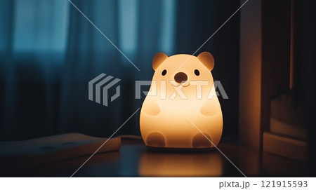 Adorable bear-shaped night light on wooden table in cozy room. 121915593