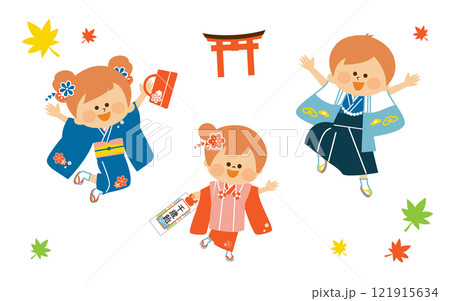 日本の七五三 日本の着物を着た子供たち かわいいイラスト 日本の七五三 日本の着物を着た子供たち かわいいイラスト 121915634