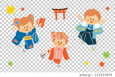 日本の七五三 日本の着物を着た子供たち かわいいイラスト 日本の七五三 日本の着物を着た子供たち かわいいイラスト 121915634