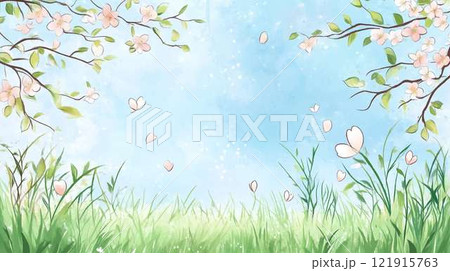 青空と新緑|春の草原に舞う桜の花びらの爽やかな風景イラスト 青空と新緑|春の草原に舞う桜の花びらの爽やかな風景イラスト 121915763