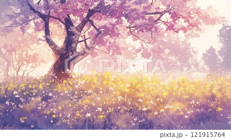 春の夕暮れ｜満開の桜と花畑が広がる公園の風景 121915764