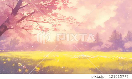 春の公園｜柔らかな光に包まれる満開の桜と黄金色の草原 121915775