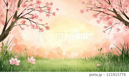 春の夕景｜満開の桜と黄金色の花畑が広がる風景 121915778