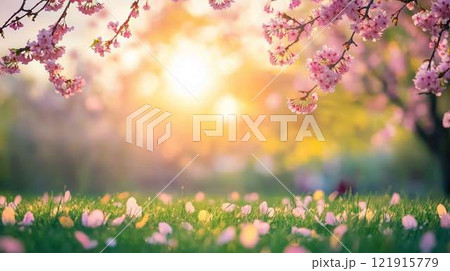 春の夕陽｜満開の桜と芝生に舞い散る花びらの美しい風景 121915779