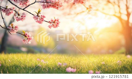 春の夕陽｜桜の枝と芝生に輝く穏やかな風景 121915781