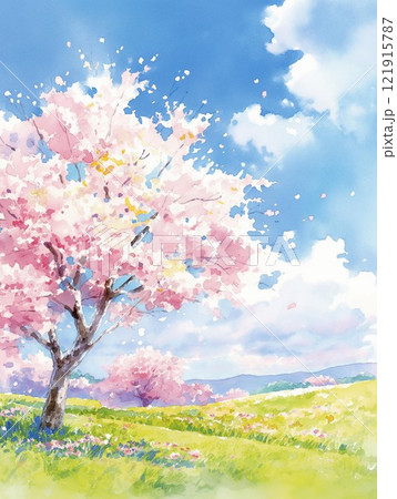 【真作】絵画　水彩3号　春爛漫　丘陵に咲く桜　春の風景　自然の息吹　V116 春の丘 桜と青空が広がる絶景 花咲く緑の風景のイラスト素材