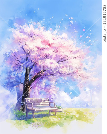 春の公園 桜と青空 ベンチが佇む癒しの風景のイラスト素材 [121915788