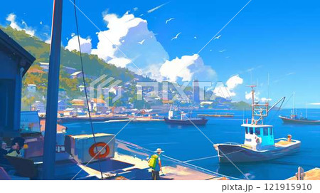 青い空と港町 風景画　サイズは45.5✕53cm 青空と港町の風景｜海辺の静かな夏の日｜デジタルイラストのイラスト