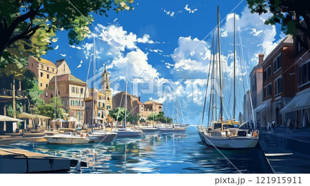ヨーロッパの港町と青空|帆船と街並みの夏の風景|デジタル ヨーロッパの港町と青空|帆船と街並みの夏の風景|デジタル